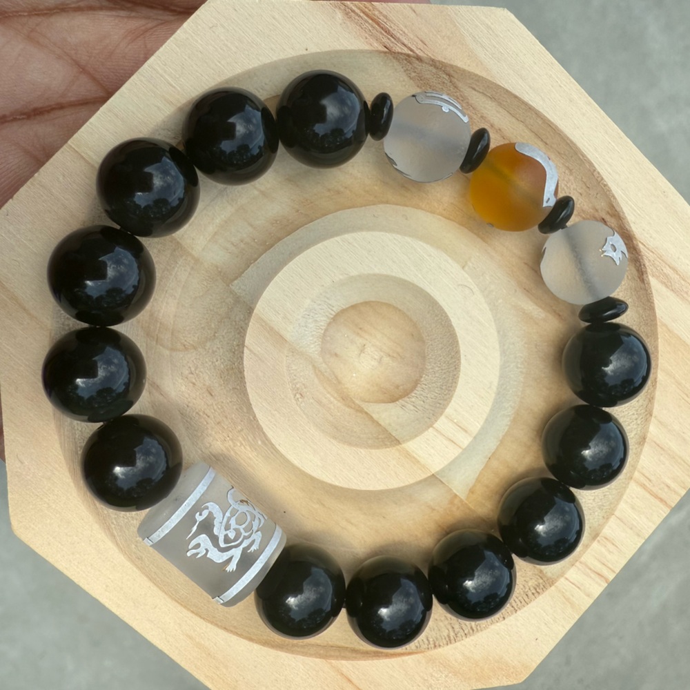 Obsidian Bracelet with Frosted Mantra Accent Beads